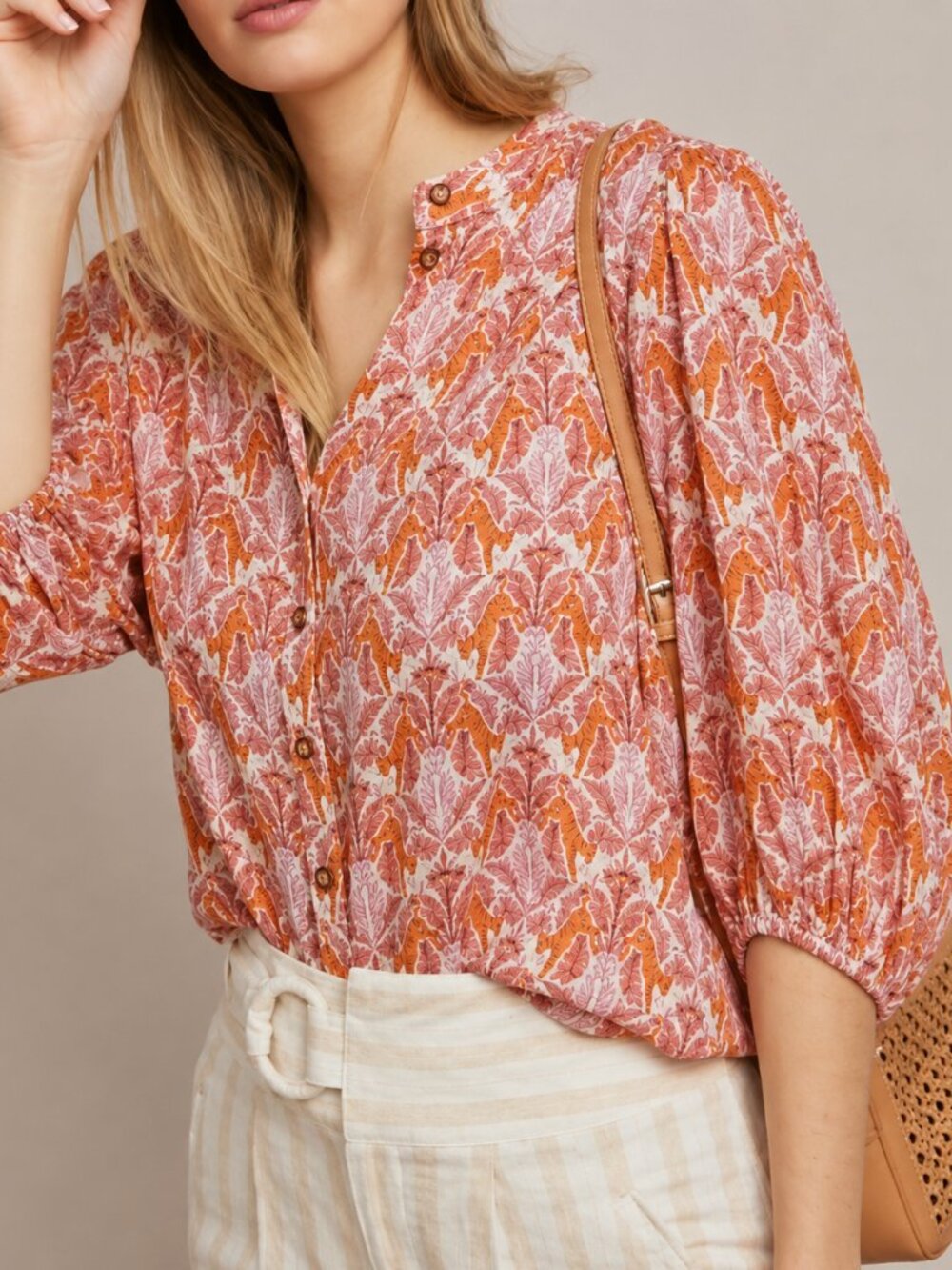 ANTHROPOLOGIE x MAEVE Kalapana Tiger Novelty Print Blouse Orange Pink‎ Sz